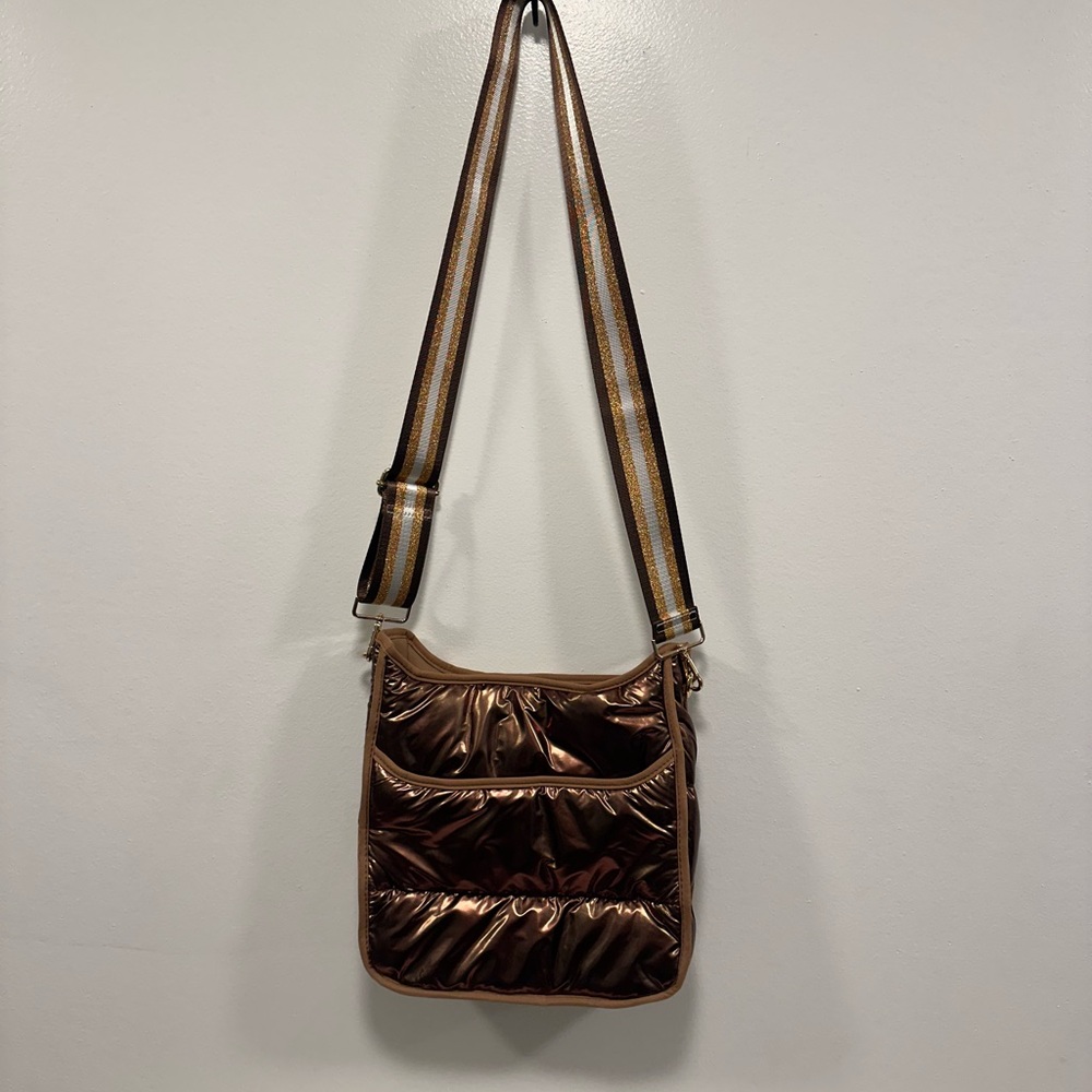 Ahdorned liquid bronze puffe Metallic Brown Crossbody Bag Striped Shoulder Strap - Picture 3 of 9
